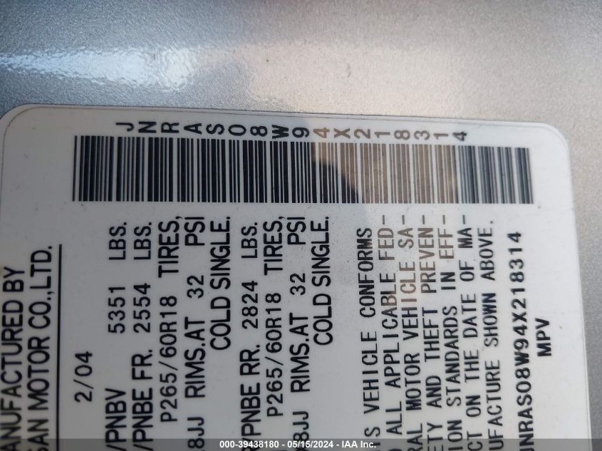 2004 Infiniti Fx35 VIN: JNRAS08W94X218314 Lot: 39438180