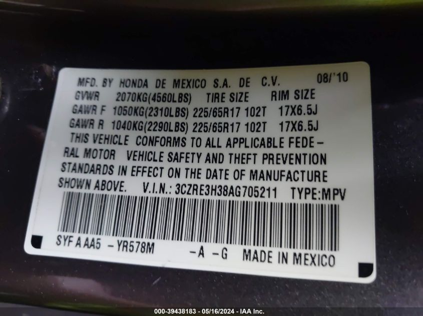 2010 Honda Cr-V Lx VIN: 3CZRE3H38AG705211 Lot: 39438183