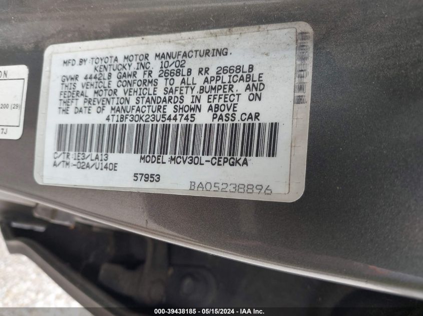 2003 Toyota Camry Xle V6 VIN: 4T1BF30K23U544745 Lot: 39438185