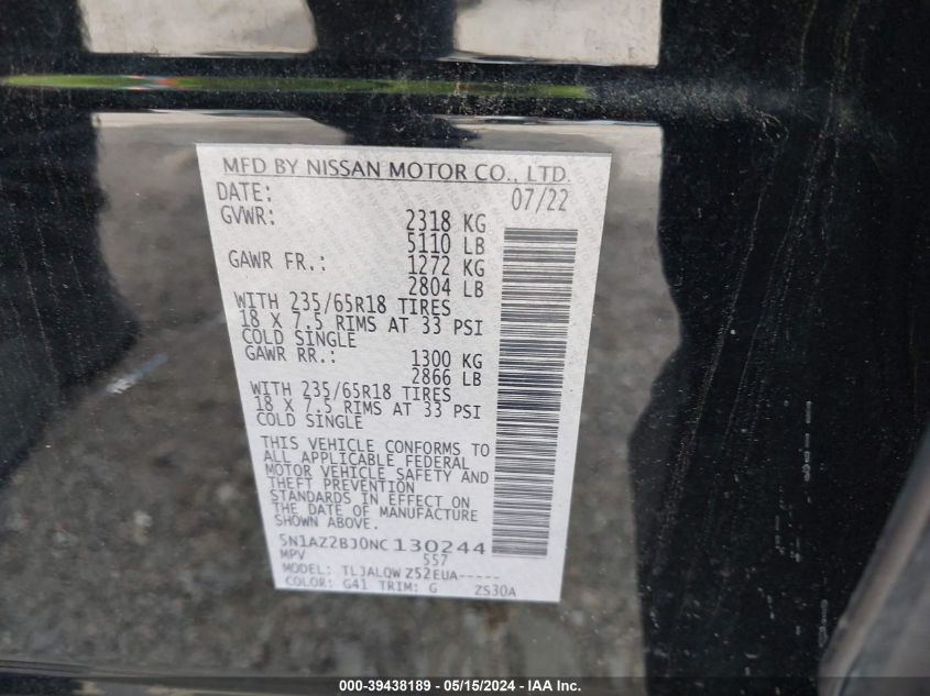 2022 Nissan Murano Sv Fwd VIN: 5N1AZ2BJ0NC130244 Lot: 39438189