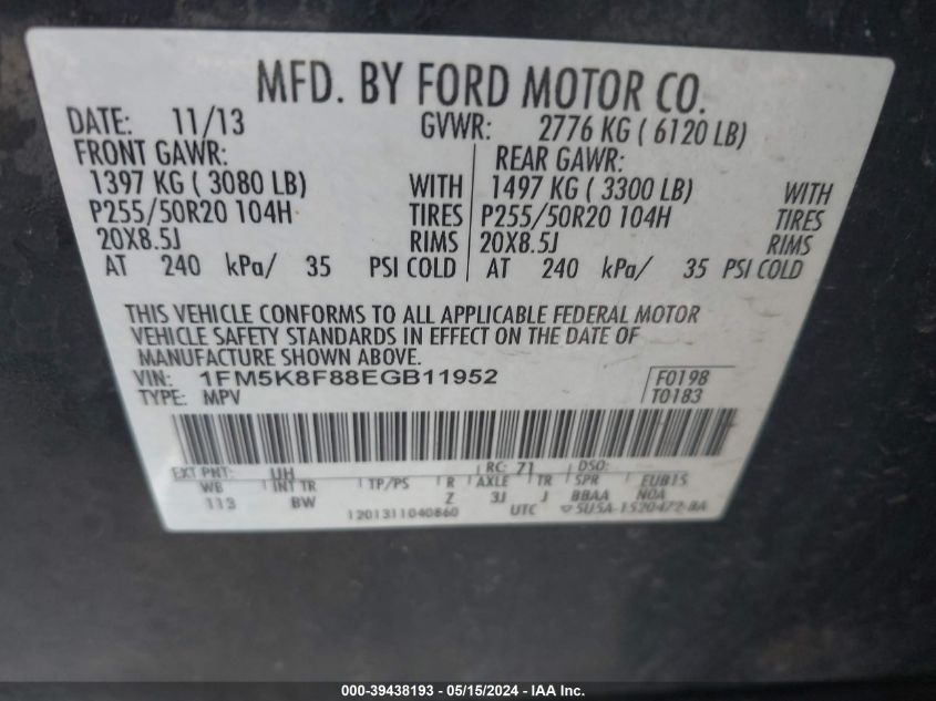 2014 Ford Explorer Limited VIN: 1FM5K8F88EGB11952 Lot: 39438193