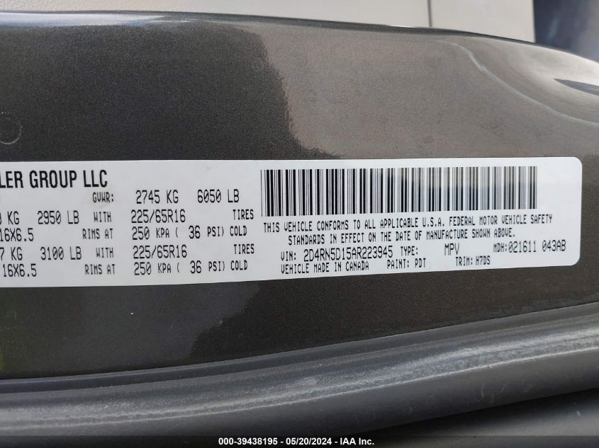 2010 Dodge Grand Caravan Sxt VIN: 2D4RN5D15AR223945 Lot: 39438195