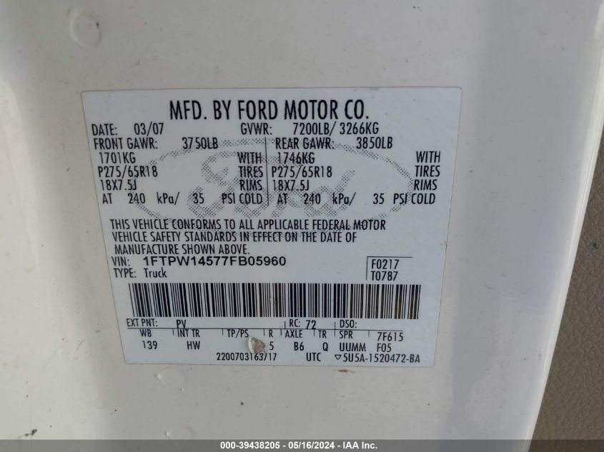 2007 Ford F-150 Fx4/Lariat/Xlt VIN: 1FTPW14577FB05960 Lot: 39438205