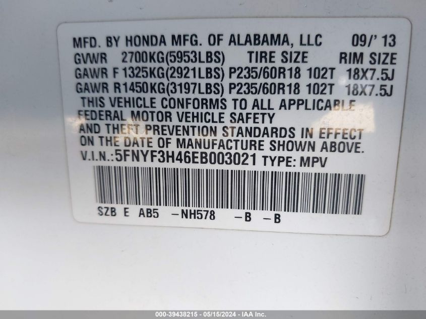 2014 Honda Pilot Ex VIN: 5FNYF3H46EB003021 Lot: 39438215