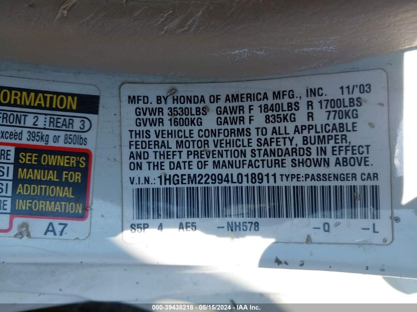 2004 Honda Civic Ex VIN: 1HGEM22994L018911 Lot: 39438218