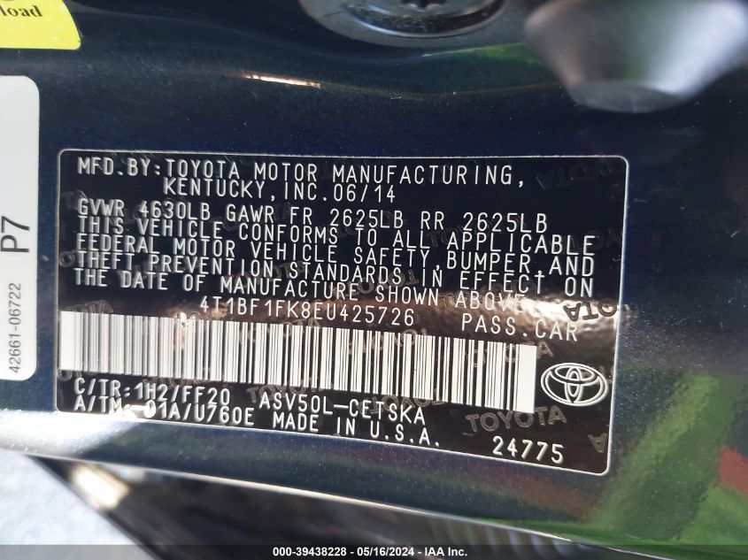 2014 Toyota Camry Se VIN: 4T1BF1FK8EU425726 Lot: 39438228