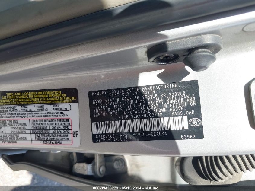 2005 Toyota Camry Le V6/Xle V6 VIN: 4T1BF32K45U602712 Lot: 39438229