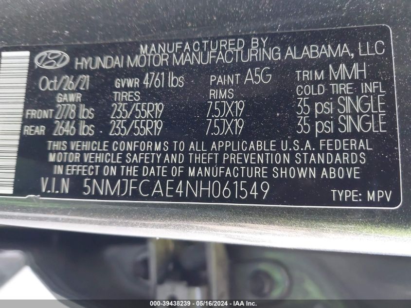 2022 Hyundai Tucson Sel VIN: 5NMJFCAE4NH061549 Lot: 39438239