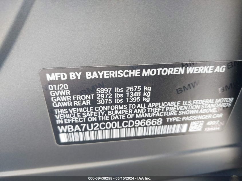 2020 BMW 750I xDrive VIN: WBA7U2C00LCD96668 Lot: 39438255