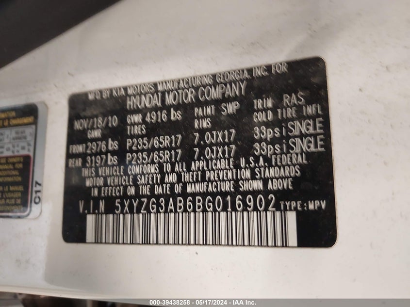 2011 Hyundai Santa Fe Gls VIN: 5XYZG3AB6BG016902 Lot: 39438258