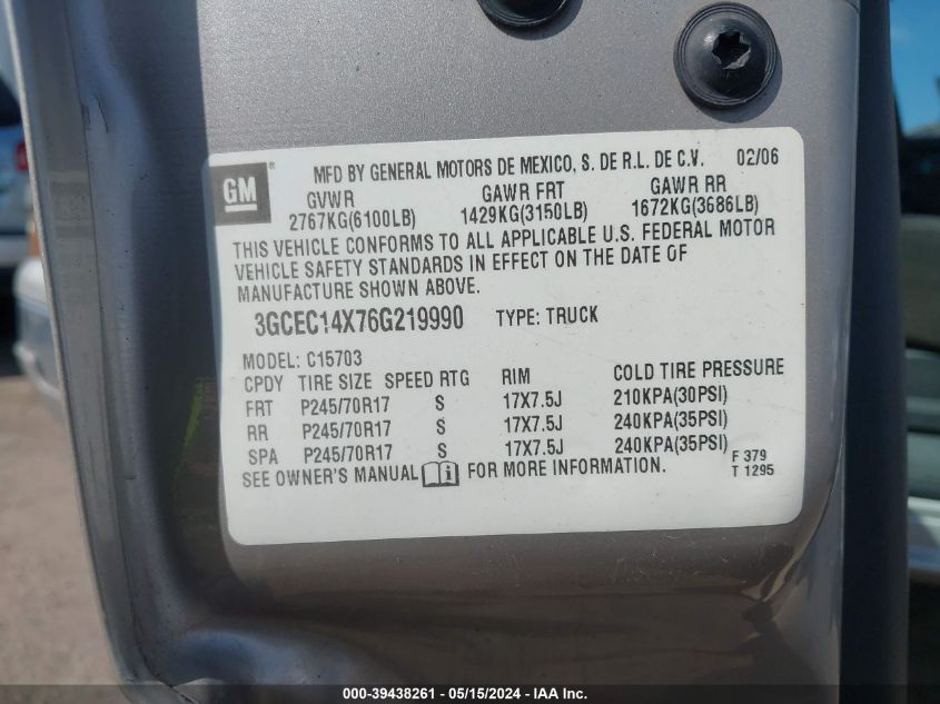2006 Chevrolet Silverado 1500 Work Truck VIN: 3GCEC14X76G219990 Lot: 39438261