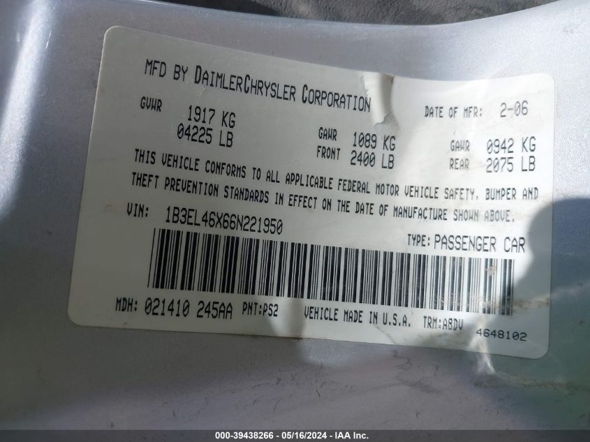 2006 Dodge Stratus Sxt VIN: 1B3EL46X66N221950 Lot: 39438266
