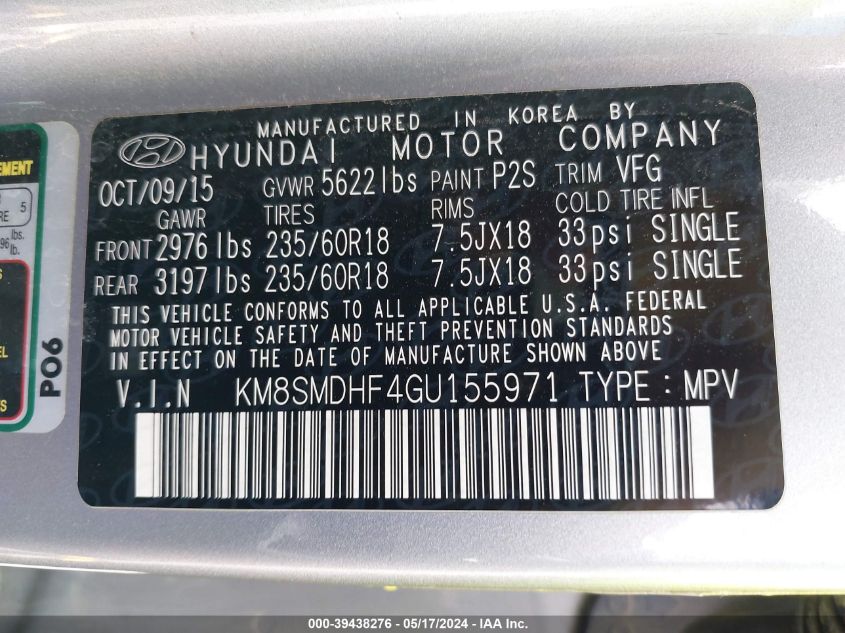 2016 Hyundai Santa Fe Se VIN: KM8SMDHF4GU155971 Lot: 39438276