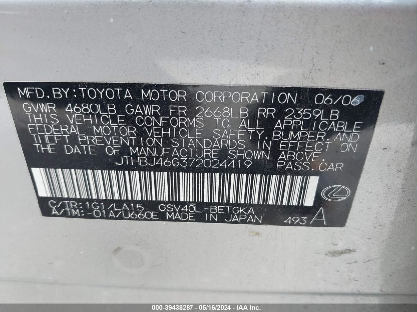 2007 Lexus Es 350 VIN: JTHBJ46G372024419 Lot: 39438287