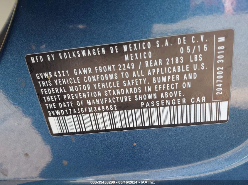 2015 Volkswagen Jetta 1.8T Se VIN: 3VWD17AJ6FM349682 Lot: 39438290