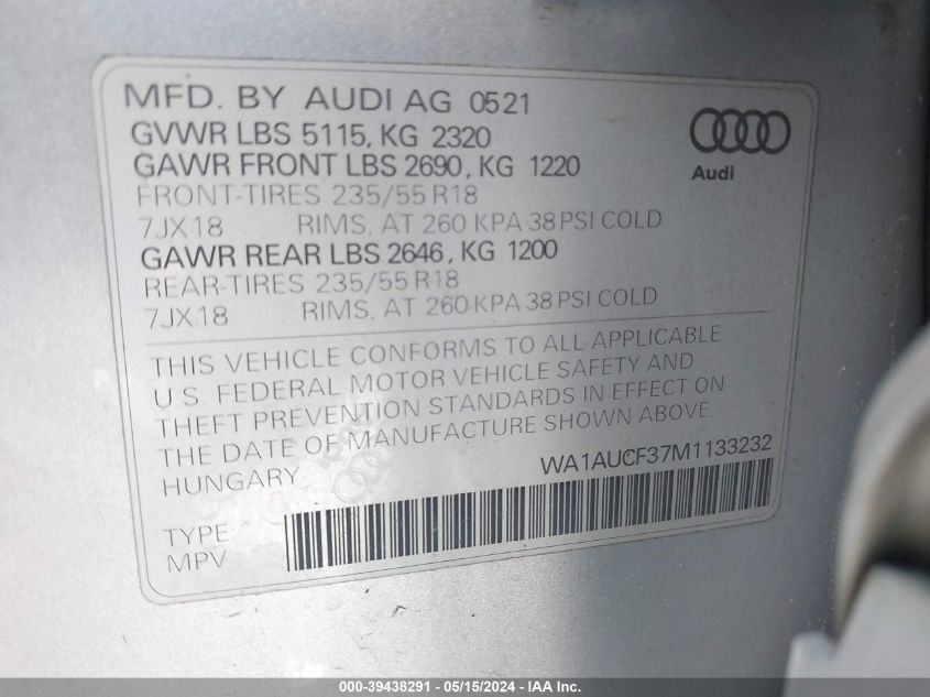 2021 Audi Q3 Premium 40 Tfsi Quattro Tiptronic VIN: WA1AUCF37M1133232 Lot: 39438291