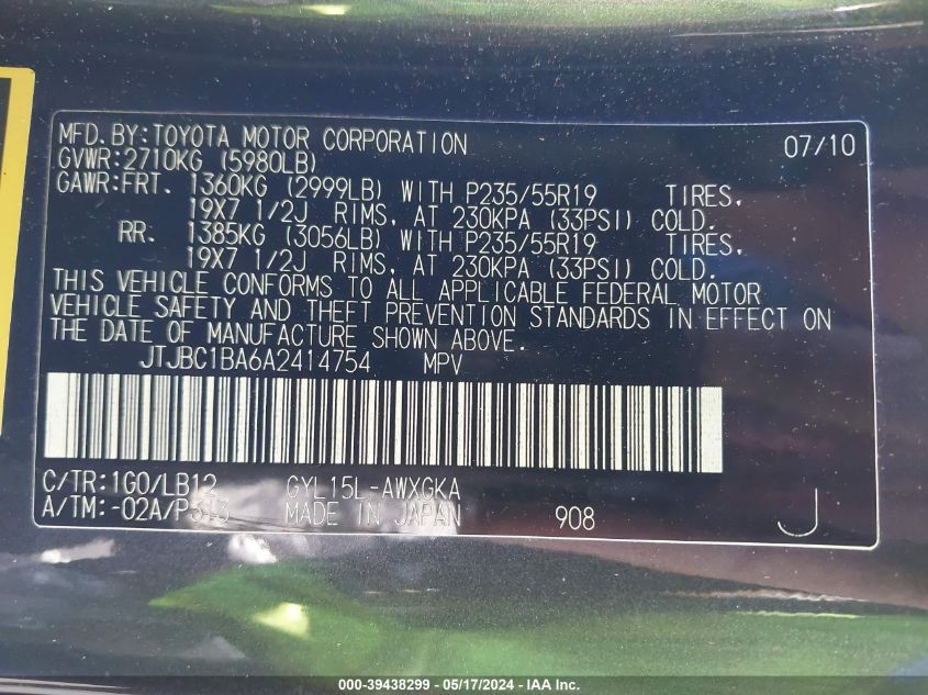 2010 Lexus Rx 450H VIN: JTJBC1BA6A2414754 Lot: 39438299