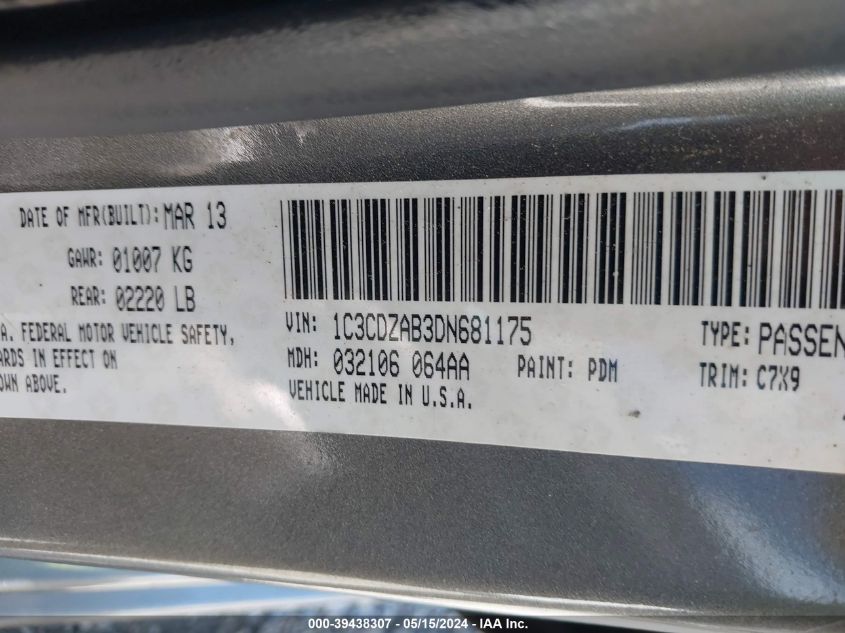 2013 Dodge Avenger Se VIN: 1C3CDZAB3DN681175 Lot: 42081586