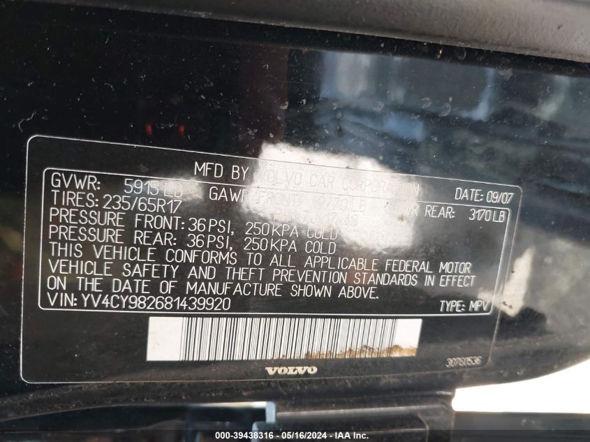 2008 Volvo Xc90 3.2 VIN: YV4CY982681439920 Lot: 39438316