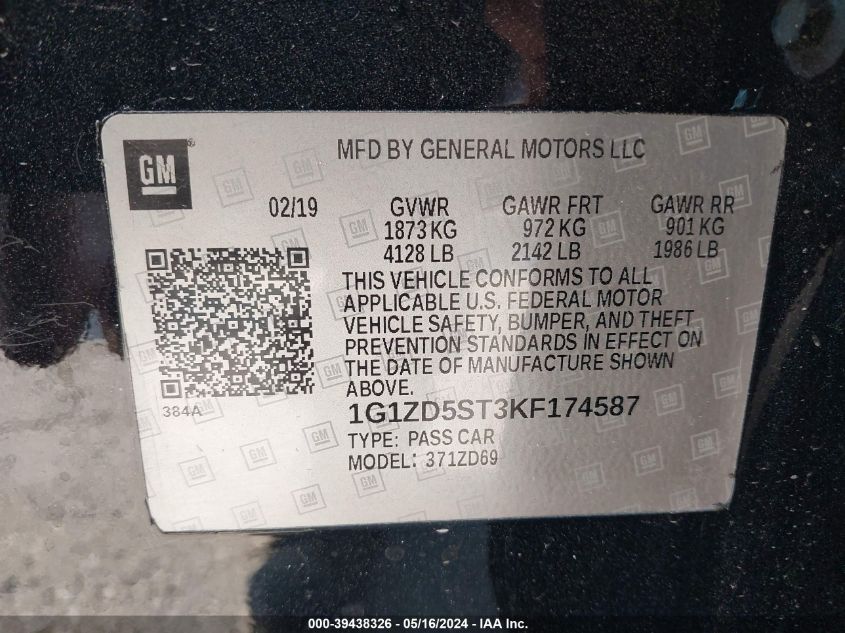 2019 Chevrolet Malibu Lt VIN: 1G1ZD5ST3KF174587 Lot: 39438326