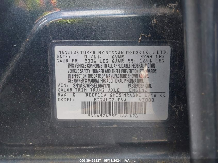 2014 Nissan Sentra Fe+ S/Fe+ Sv/S/Sl/Sr/Sv VIN: 3N1AB7AP5EL664178 Lot: 39438327