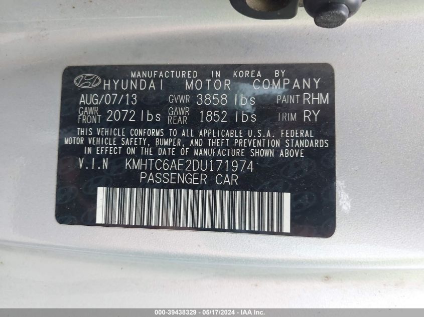 2013 Hyundai Veloster Turbo W/Blue VIN: KMHTC6AE2DU171974 Lot: 39438329