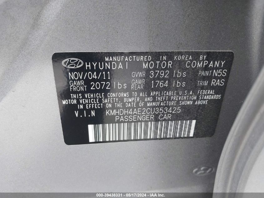 2012 Hyundai Elantra Limited (Ulsan Plant) VIN: KMHDH4AE2CU353425 Lot: 39438331