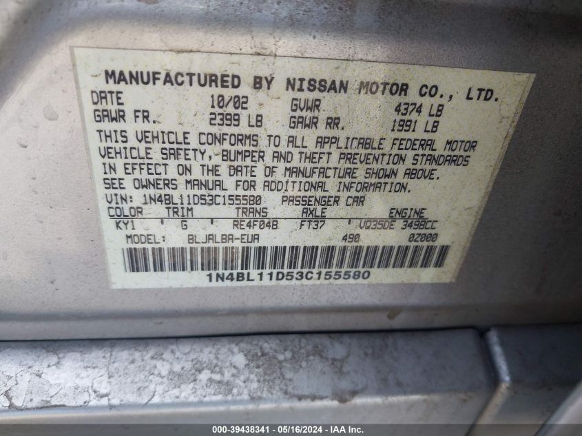 2003 Nissan Altima 3.5 Se VIN: 1N4BL11D53C155580 Lot: 39438341