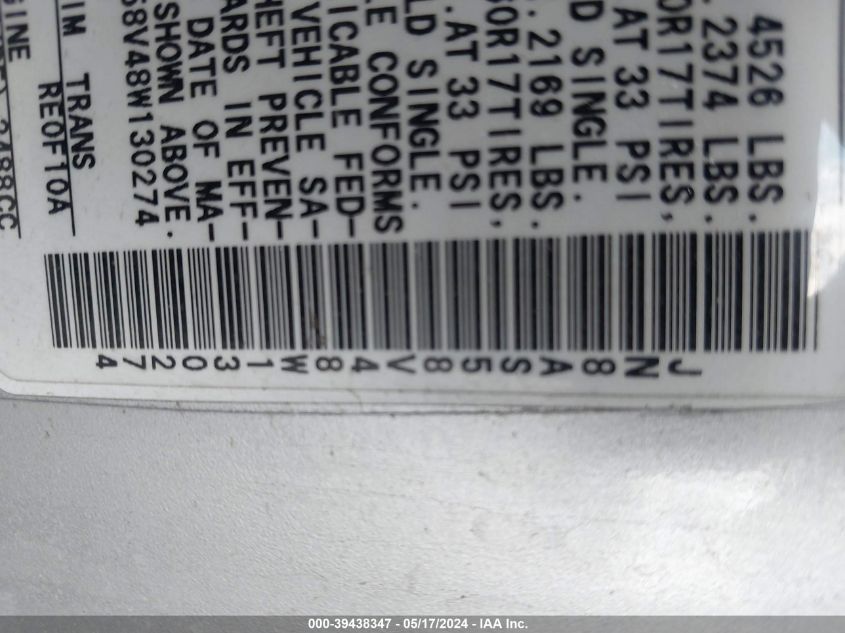 2008 Nissan Rogue Sl VIN: JN8AS58V48W130274 Lot: 39438347