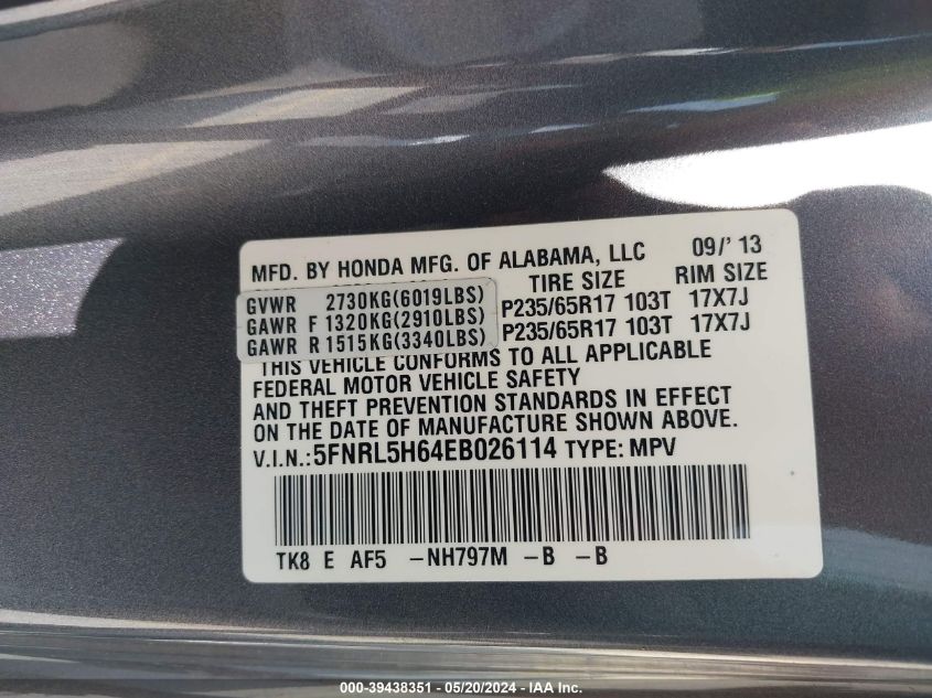 2014 Honda Odyssey Ex-L VIN: 5FNRL5H64EB026114 Lot: 39438351