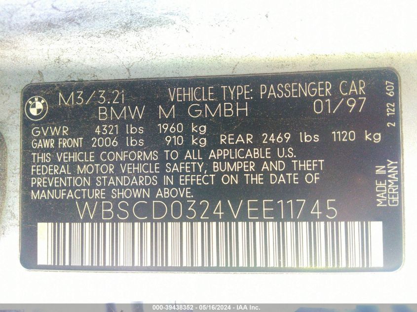 1997 BMW M3 VIN: WBSCD0324VEE11745 Lot: 39438352