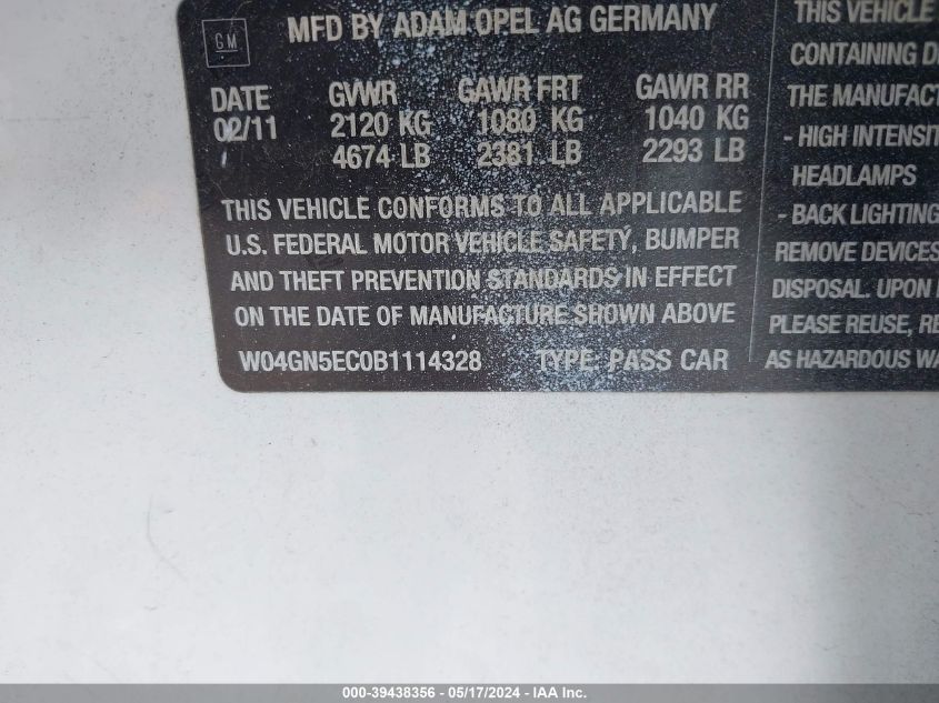 2011 Buick Regal Cxl Rl1 VIN: W04GN5EC0B1114328 Lot: 39438356