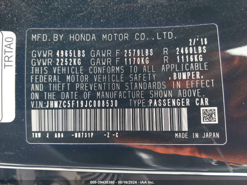 2018 Honda Clarity Plug-In Hybrid VIN: JHMZC5F19JC008530 Lot: 39438360
