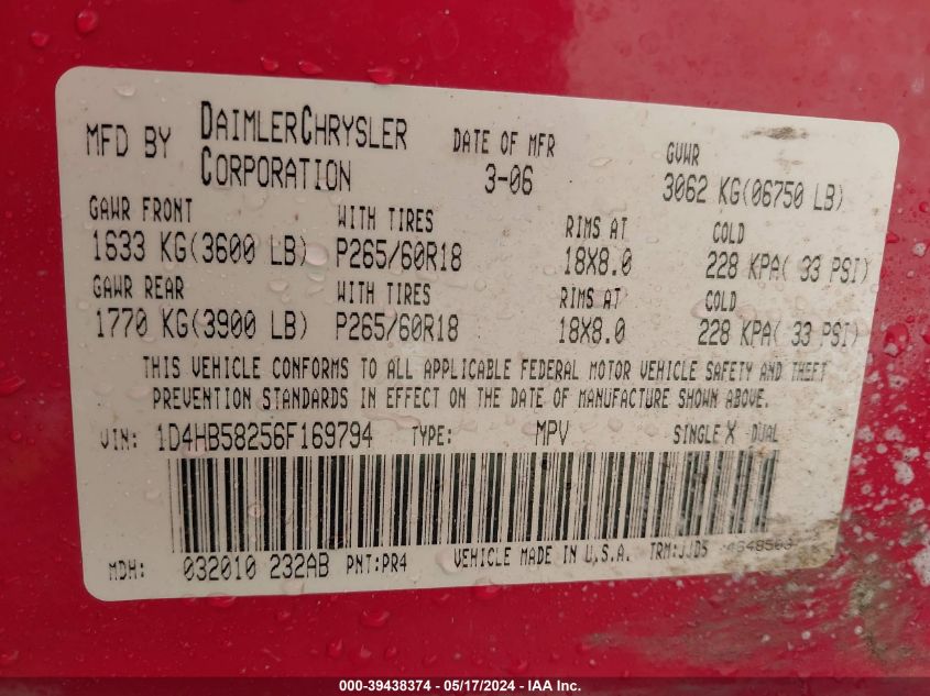 2006 Dodge Durango VIN: 1D48B58256F169794 Lot: 39438374
