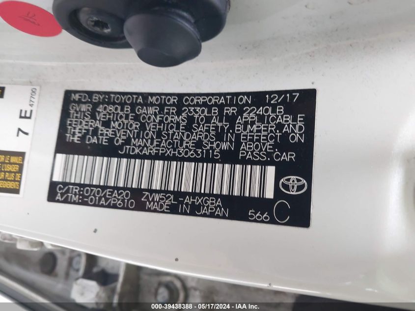 2017 Toyota Prius Prime Advanced VIN: JTDKARFPXH3063115 Lot: 39438388