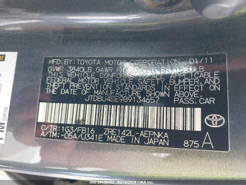 2011 Toyota Corolla Le VIN: JTDBU4EE9B9134657 Lot: 39438402