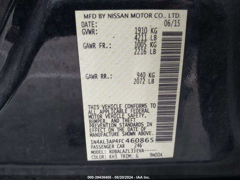 2015 Nissan Altima 2.5 VIN: 1N4AL3AP4FC460865 Lot: 39438405