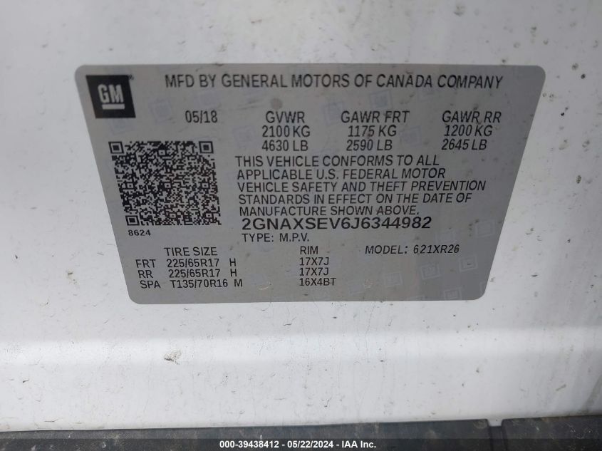 2018 Chevrolet Equinox Lt VIN: 2GNAXSEV6J6344982 Lot: 39438412