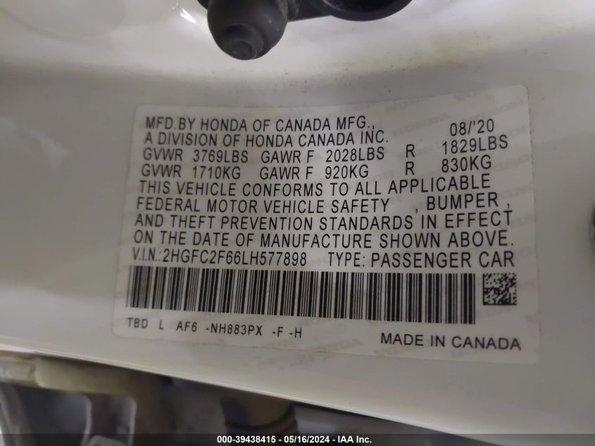 2020 Honda Civic Lx VIN: 2HGFC2F66LH577898 Lot: 39438415