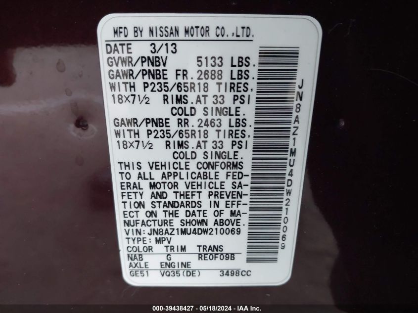 2013 Nissan Murano S VIN: JN8AZ1MU4DW210069 Lot: 39438427