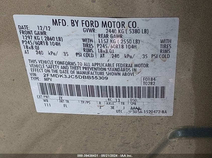 2013 Ford Edge Sel VIN: 2FMDK3JC5DBB55309 Lot: 39438431