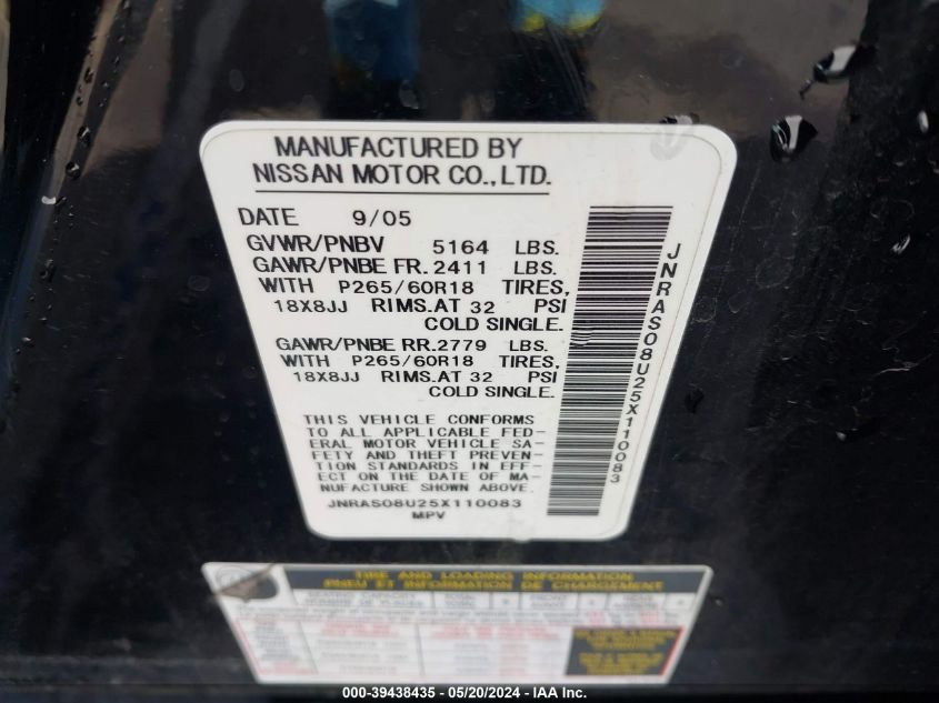 2005 Infiniti Fx35 VIN: JNRAS08U25X110083 Lot: 39438435