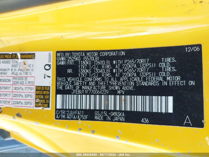 2007 Toyota Fj Cruiser VIN: JTEBU11F770064239 Lot: 39438445
