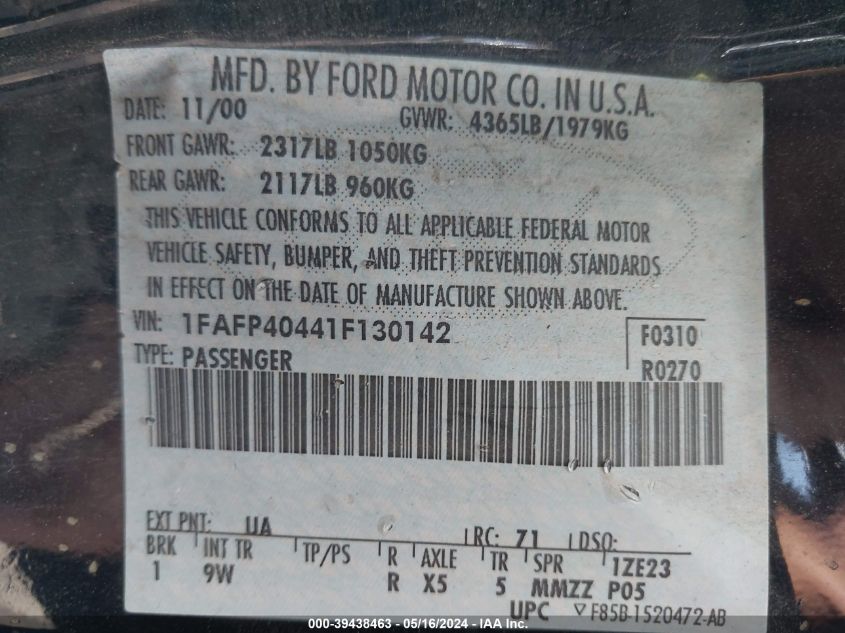 2001 Ford Mustang VIN: 1FAFP40441F130142 Lot: 39438463