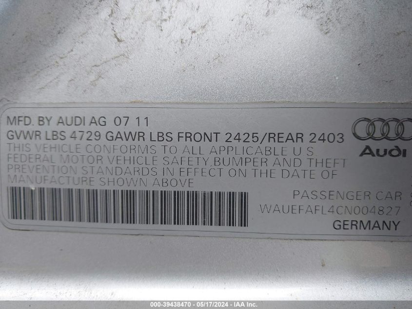 2012 Audi A4 2.0T Premium VIN: WAUEFAFL4CN004827 Lot: 39438470