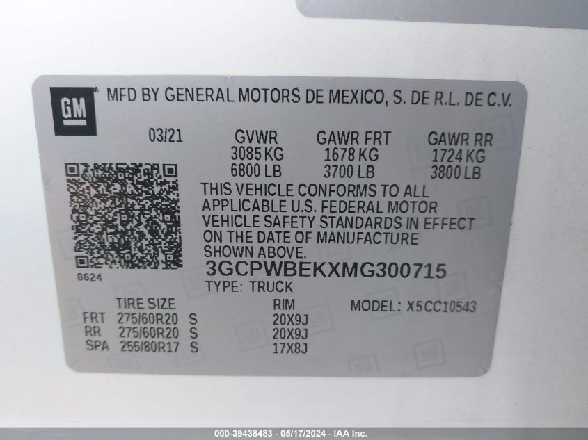 2021 Chevrolet Silverado 1500 C1500 Custom VIN: 3GCPWBEKXMG300715 Lot: 39438483
