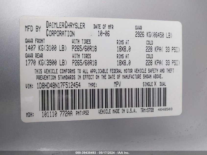 2007 Dodge Durango Slt VIN: 1D8HD48N17F512454 Lot: 39438493