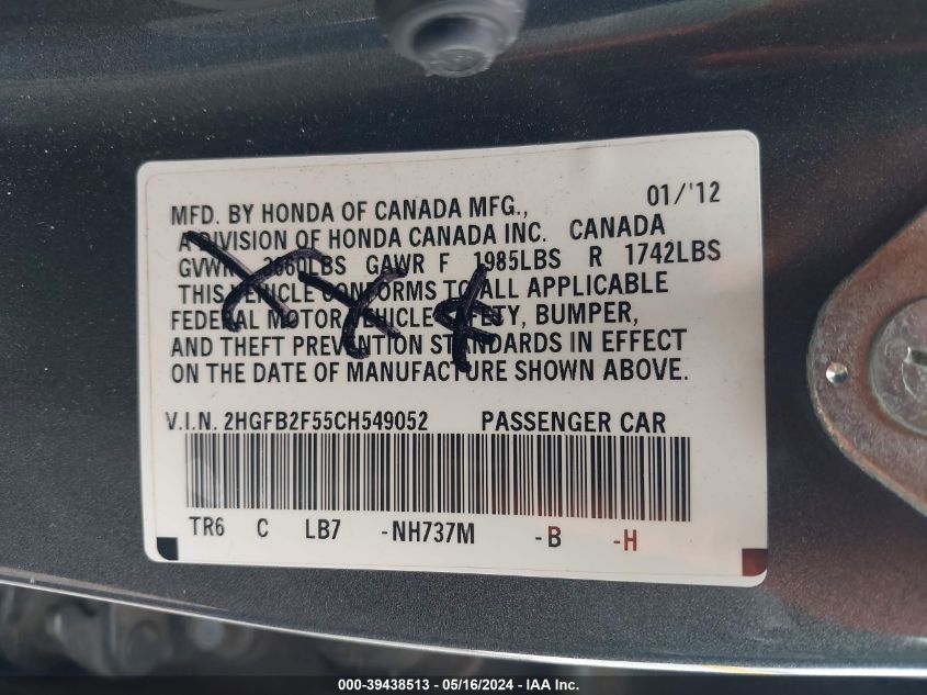 2012 Honda Civic Lx VIN: 2HGFB2F55CH549052 Lot: 39438513
