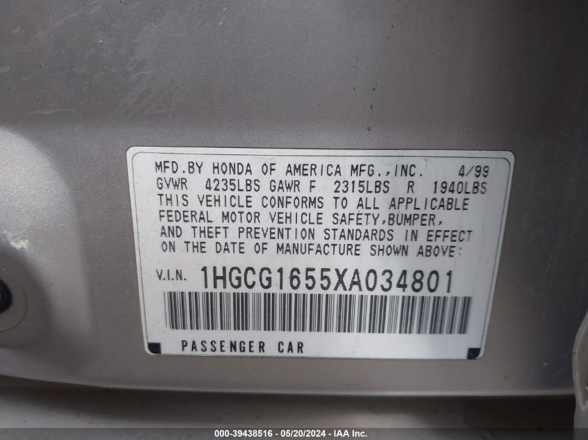 1999 Honda Accord Ex V6 VIN: 1HGCG1655XA034801 Lot: 39438516