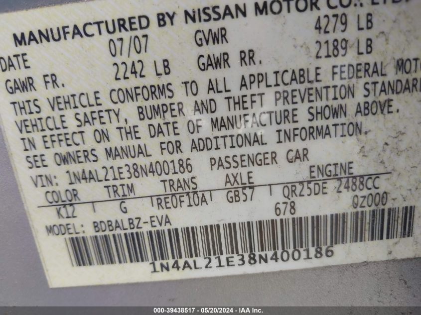 2008 Nissan Altima 2.5 S VIN: 1N4AL21E38N400186 Lot: 39438517